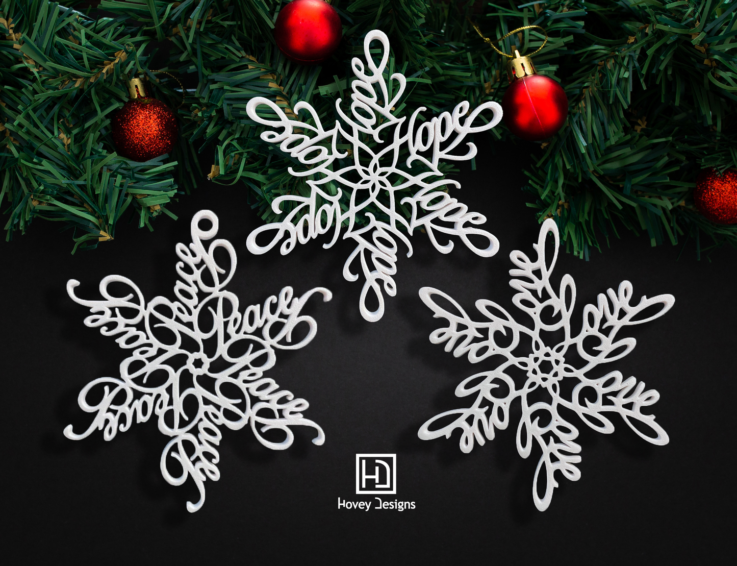 Peace, Love and Hope Snowflake Ornaments